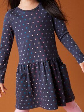 Tea Collection Blue Star Cotton Dress Long Sleeve Navy Kids Girls Toddler 3T